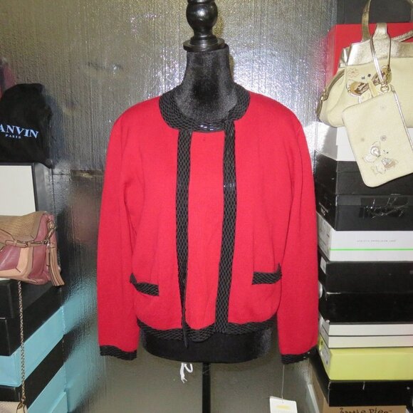 Liz Claiborne RED Cotton Knit Twin Set Cardigan & Tank top Beaded & Black Trim
